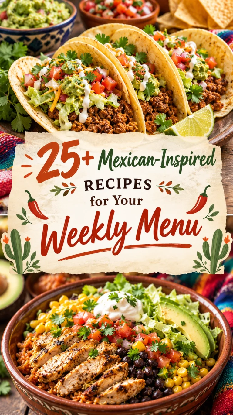 A collage of various Mexican-inspired recipes featuring tacos, enchiladas, and fresh salsas