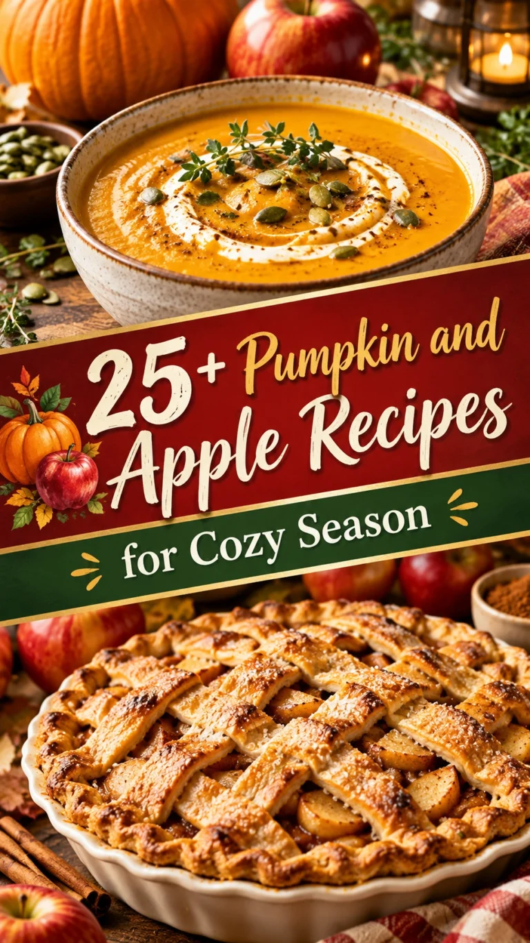 A collage of autumn pumpkin and apple recipes in a vertical listicle layout