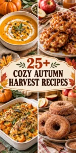 Collage of autumn desserts featuring pumpkin pie and apple crisp for cozy season