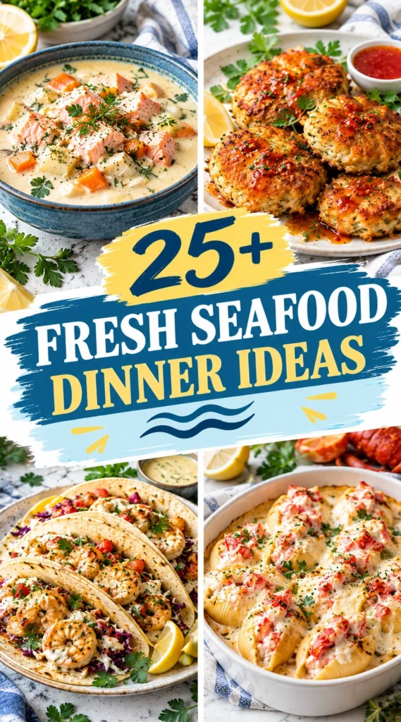 A collage of gourmet seafood dinner and appetizer ideas in a vertical layout