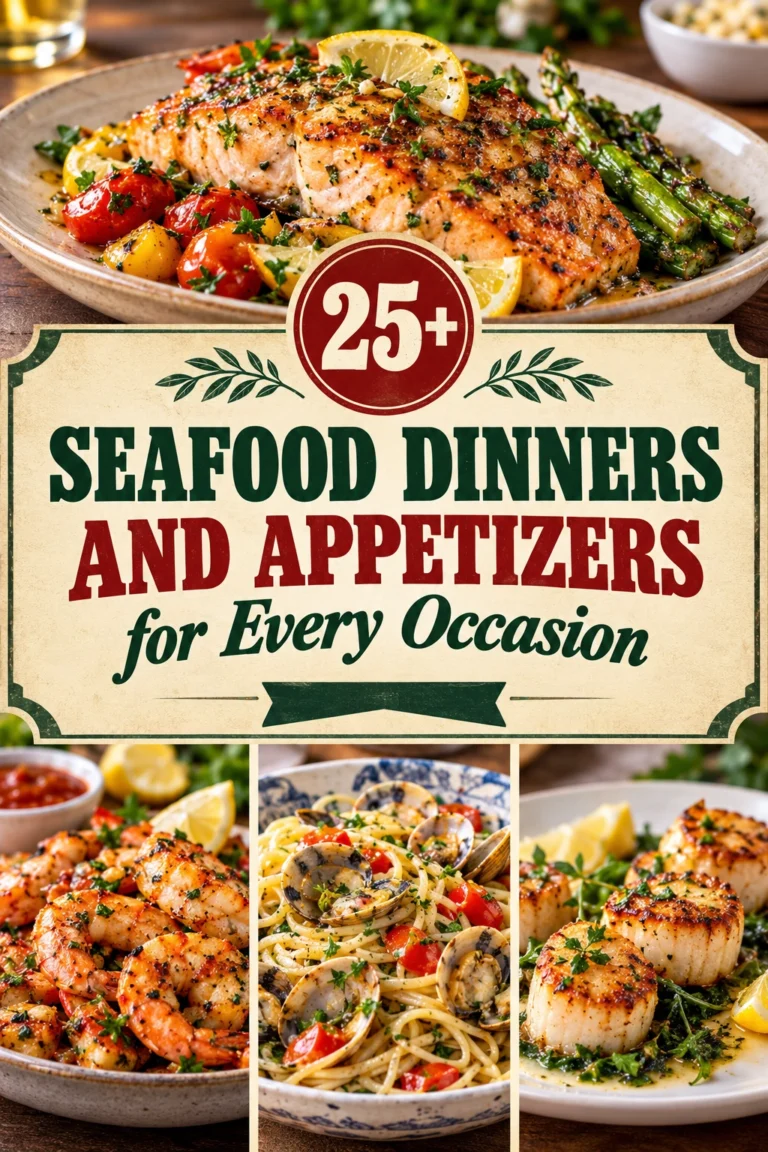 A collage of gourmet seafood dinners and appetizers featuring shrimp and grilled fish