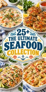 A collage of gourmet seafood dinners and appetizers with an overlay text title