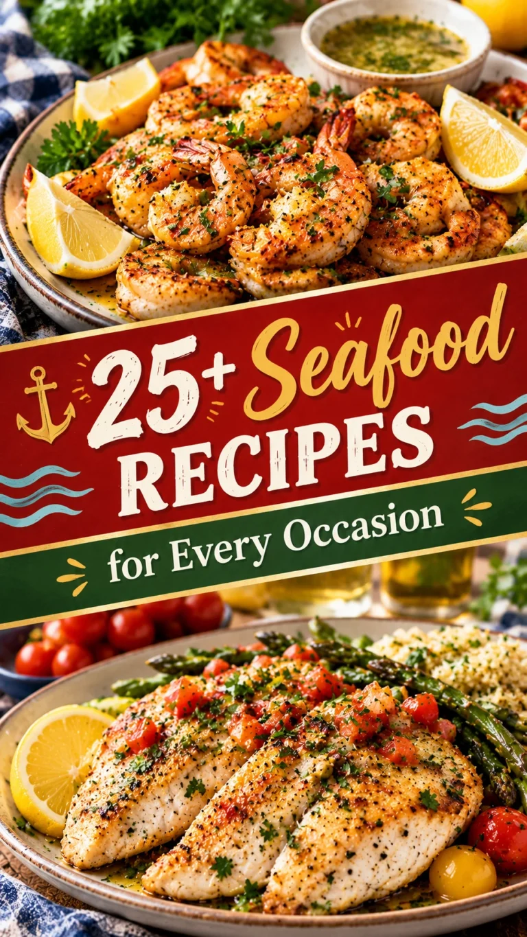 A collage of various seafood recipes including grilled shrimp, salmon, and scallops