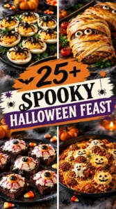 A collage of spooky Halloween treats and meals arranged in a vertical layout