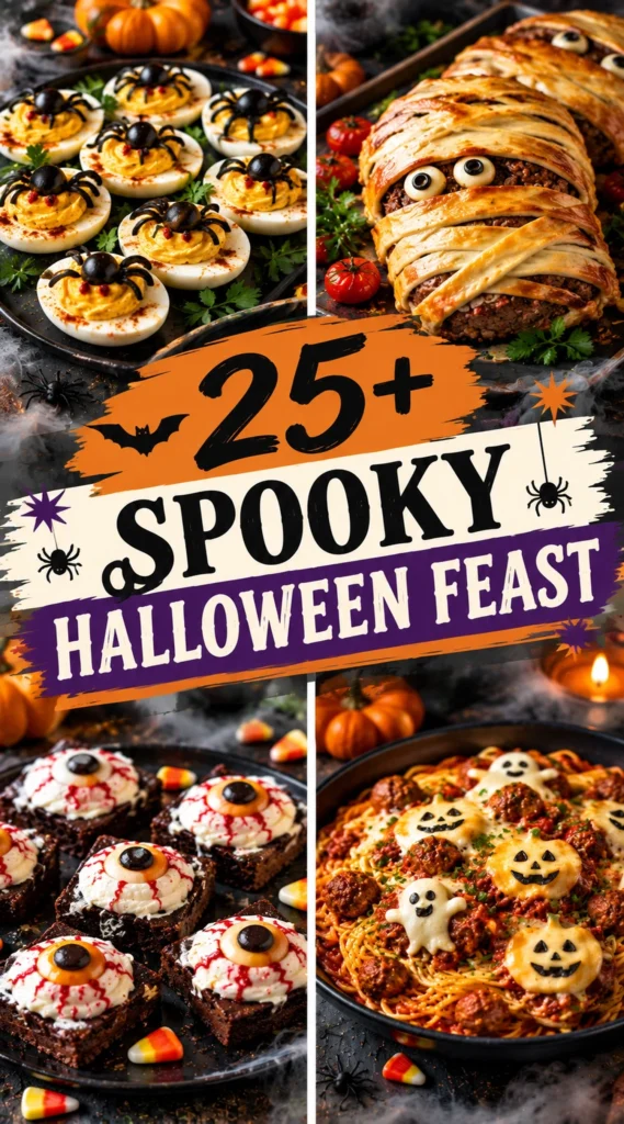 A collage of spooky Halloween treats and meals arranged in a vertical layout