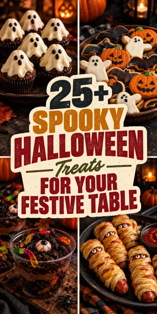 A curated collage of spooky Halloween treats and festive desserts on a dark background
