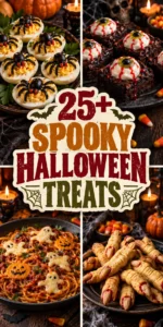 A collage of spooky Halloween treats and desserts arranged in a vertical layout