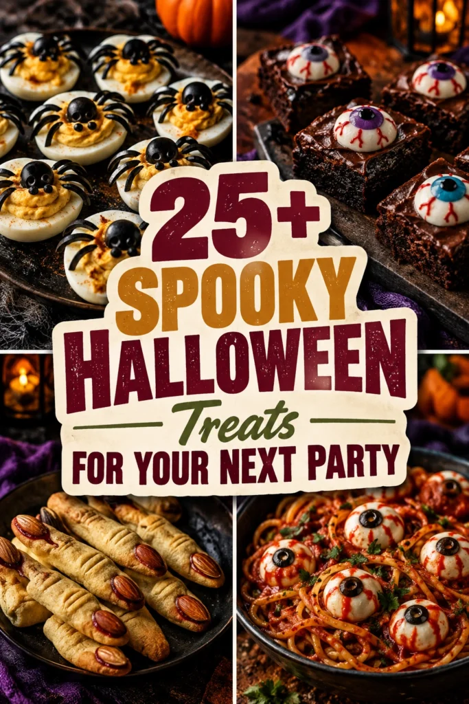 A collage of spooky Halloween treats featuring themed desserts in a professional layout