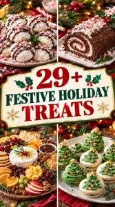 A collage of festive Christmas treats including cookies and cakes on a platter