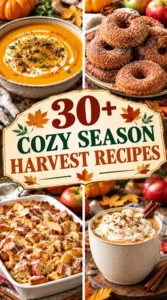A collage of pumpkin and apple recipes with text for cozy season