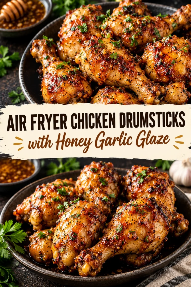 Golden brown air fryer chicken drumsticks coated in a glossy honey garlic glaze, garnished with sesame seeds and parsley.