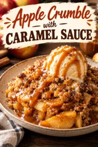 A ceramic dish of baked apple crumble topped with golden brown oat crust and drizzled with rich caramel sauce.