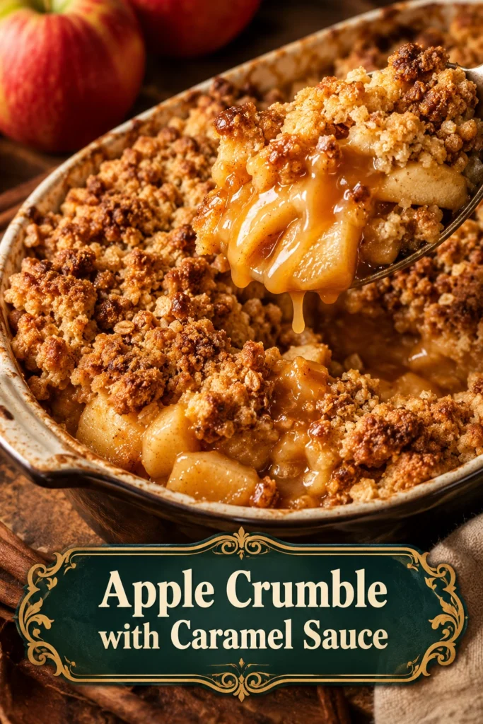 Warm apple crumble topped with a golden oat crust, drizzled with homemade caramel sauce in a white ceramic dish.