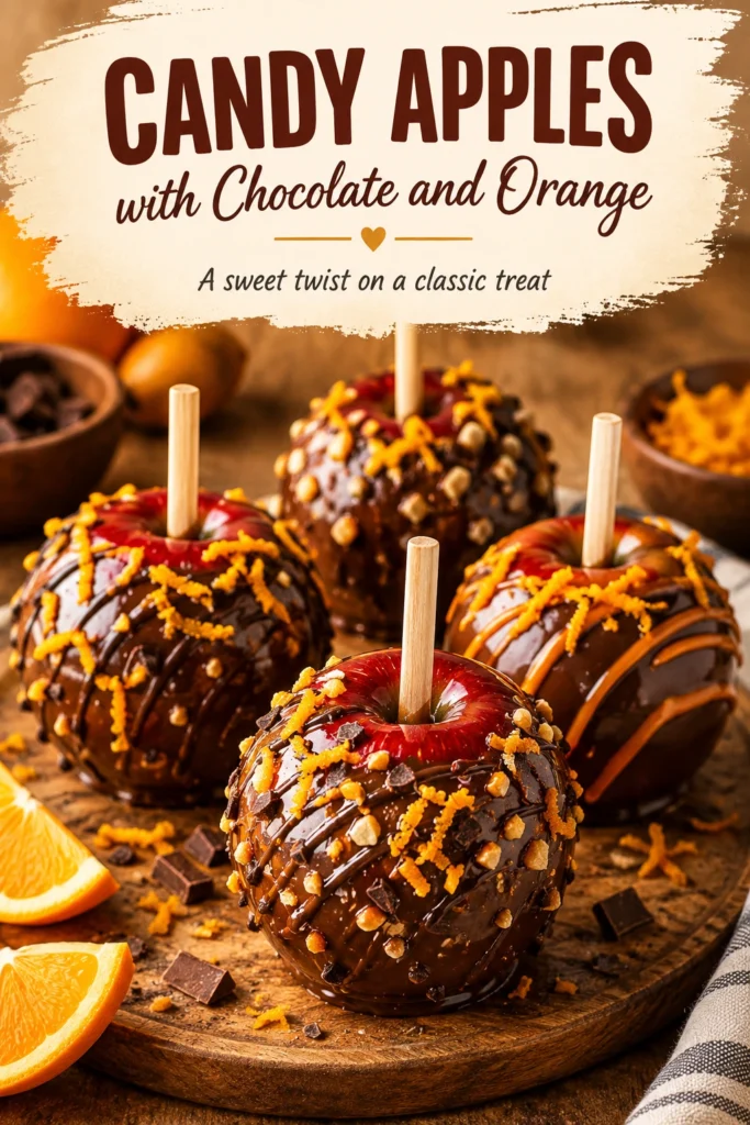 Three red candy apples dipped in dark chocolate and garnished with orange zest and dried orange slices on a platter.
