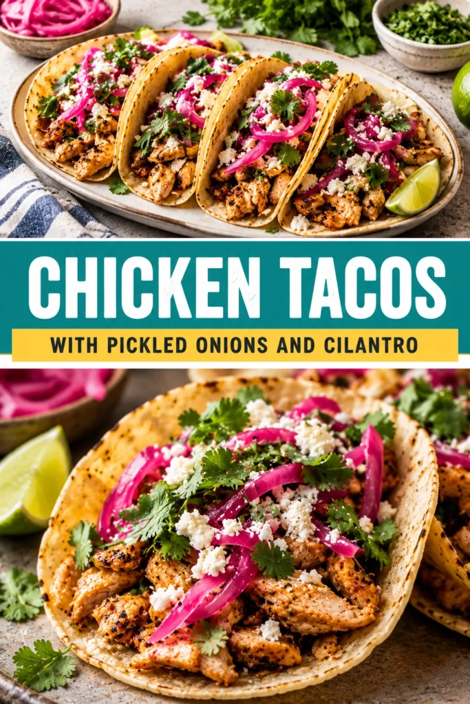 Three corn tortillas filled with shredded chicken, topped with bright pink pickled onions and fresh green cilantro leaves.