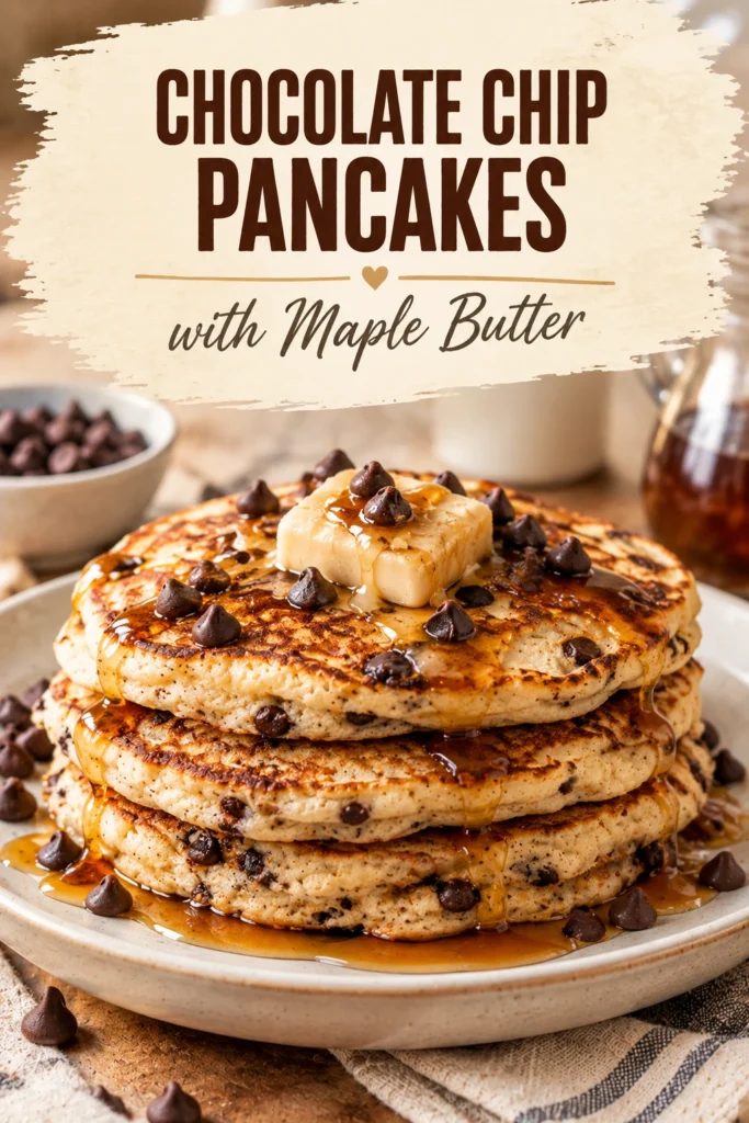 A stack of fluffy chocolate chip pancakes topped with a dollop of melting maple butter and drizzled with syrup.