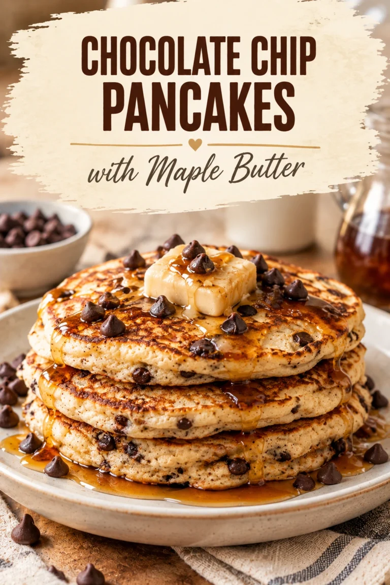 A stack of fluffy chocolate chip pancakes topped with a dollop of melting maple butter and drizzled with syrup.
