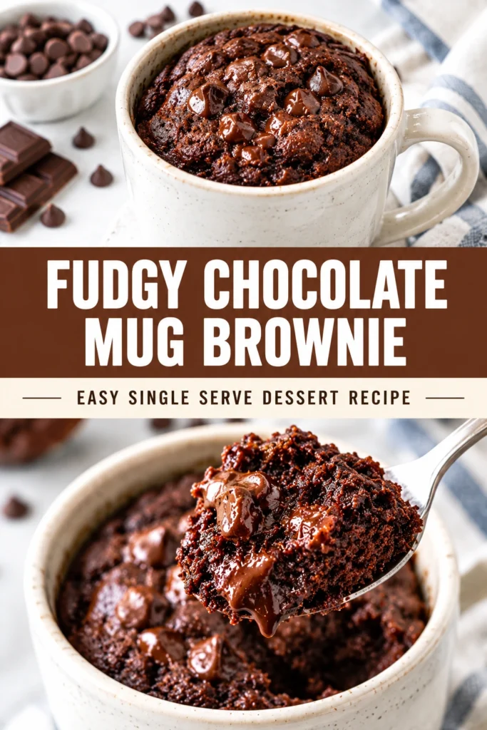 A fudgy chocolate mug brownie in a ceramic cup, topped with a scoop of vanilla ice cream and sprinkles.