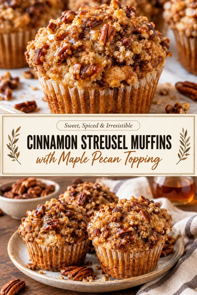 Close-up of cinnamon streusel muffins topped with a crunchy maple pecan crumble, arranged on a rustic baking sheet.