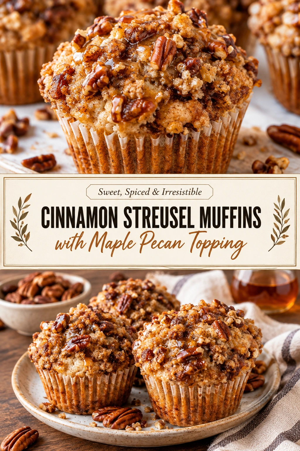 Close-up of cinnamon streusel muffins topped with a crunchy maple pecan crumble, arranged on a rustic baking sheet.