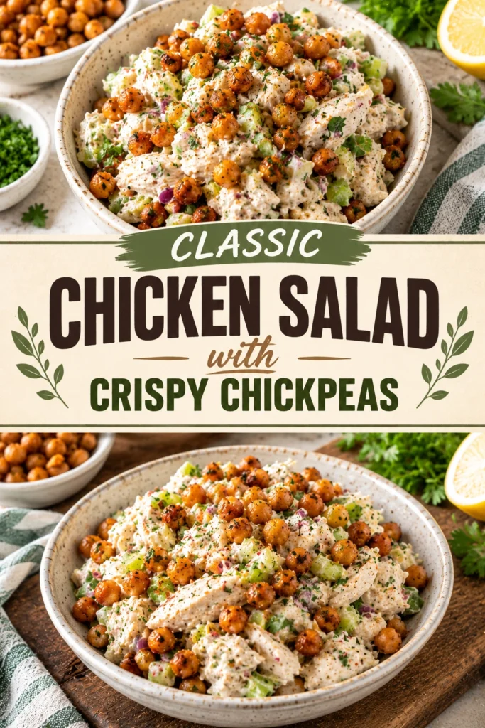 Creamy chicken salad with celery and herbs in a white bowl, topped with golden brown crispy chickpeas.