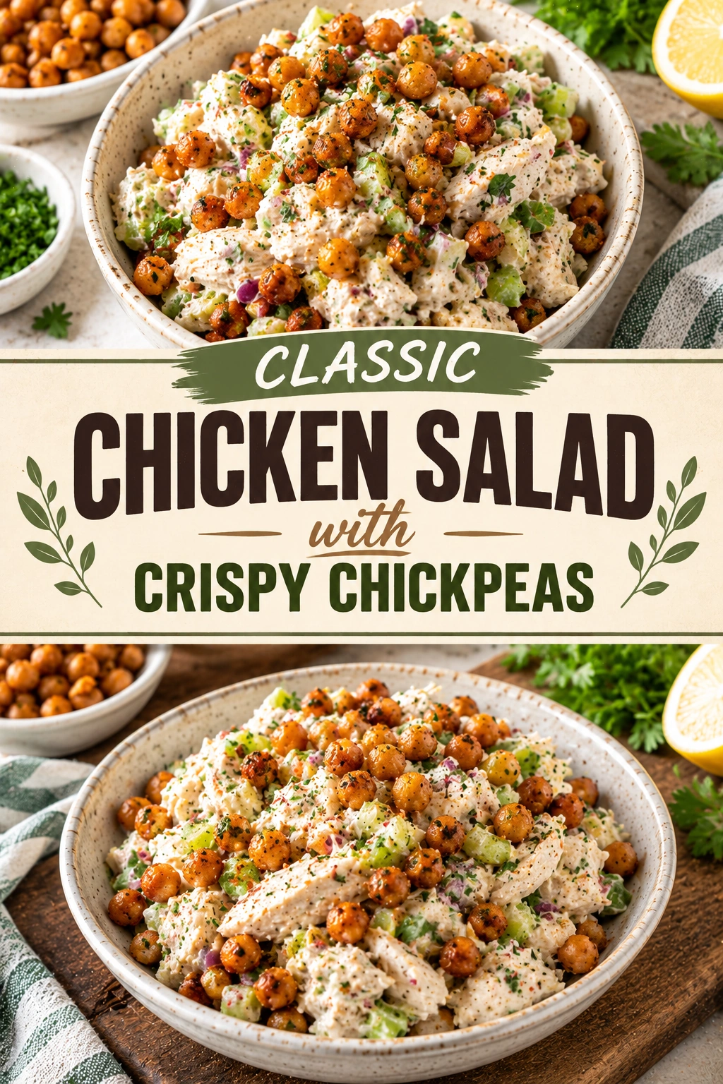 Creamy chicken salad with celery and herbs in a white bowl, topped with golden brown crispy chickpeas.