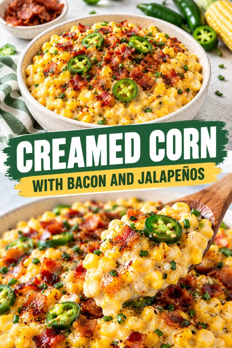 Creamed corn in a bowl topped with crispy bacon bits, sliced green jalapeños, and a sprinkle of fresh parsley.