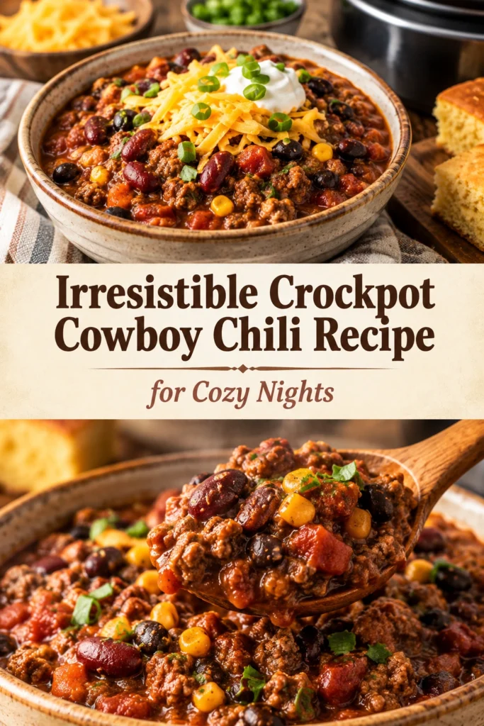 A bowl of hearty beef and bean cowboy chili topped with shredded cheddar cheese, sour cream, and sliced green onions.
