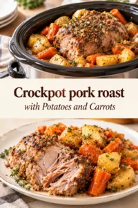 Slow cooked pork roast surrounded by tender carrots and potatoes in a savory brown gravy inside a ceramic pot.