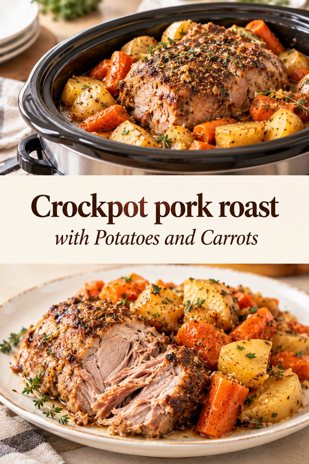 Slow cooked pork roast surrounded by tender carrots and potatoes in a savory brown gravy inside a ceramic pot.