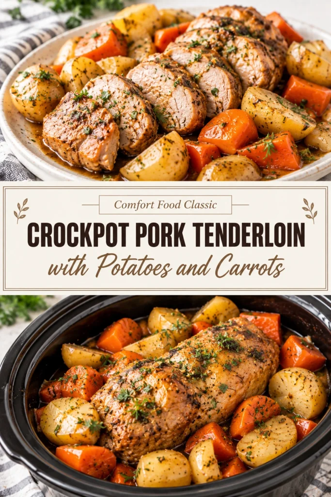 Slow cooker pork tenderloin slices served with tender carrots and potatoes in a savory brown gravy on a platter.