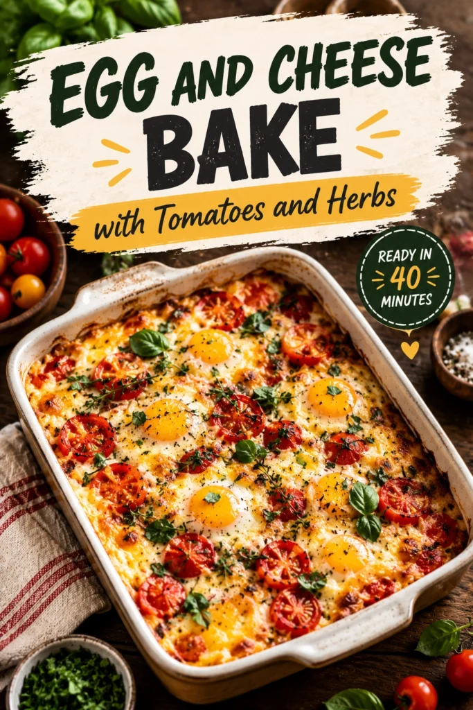 Baked eggs and melted cheese in a casserole dish topped with sliced cherry tomatoes and fresh green herbs.