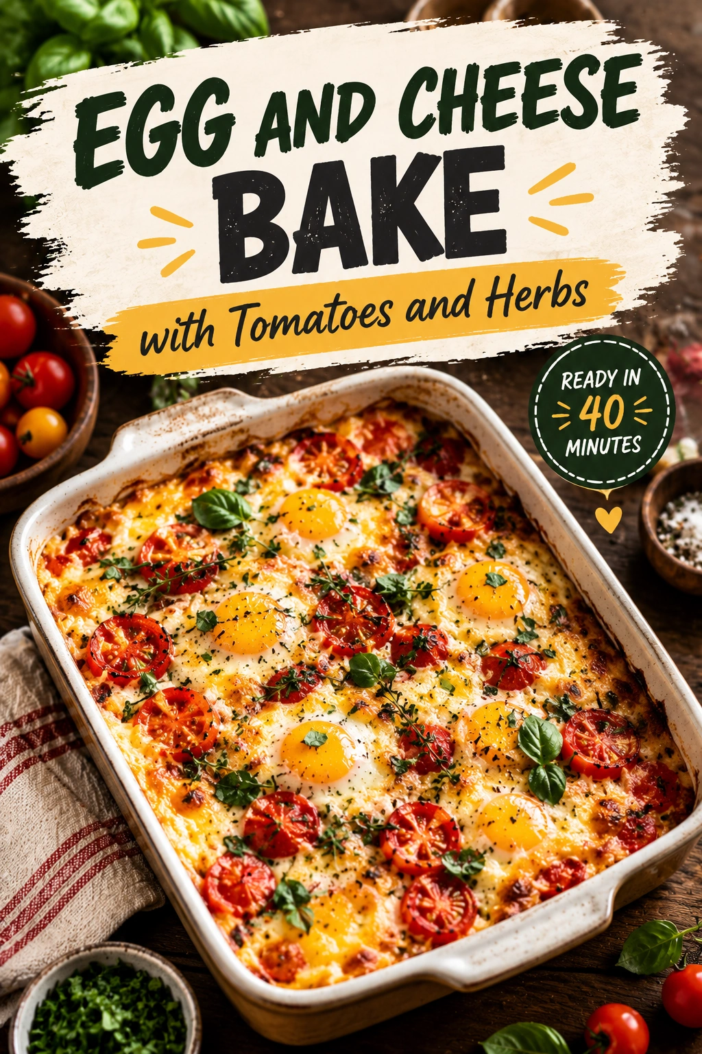 Baked eggs and melted cheese in a casserole dish topped with sliced cherry tomatoes and fresh green herbs.