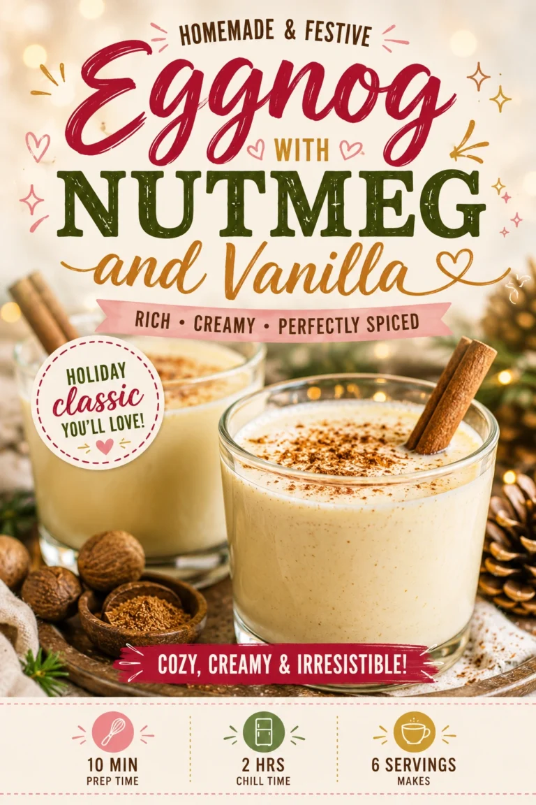 A glass of creamy homemade eggnog topped with a sprinkle of ground nutmeg and a vanilla bean garnish.