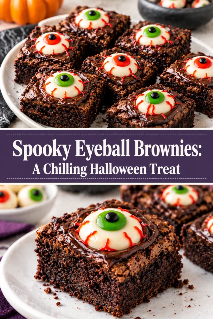 Square chocolate brownies topped with white frosting and candy eyeballs, arranged on a platter for a Halloween treat.