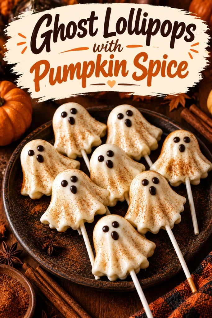 White chocolate ghost-shaped lollipops with small chocolate eyes on sticks, dusted with pumpkin spice and arranged on a platter.