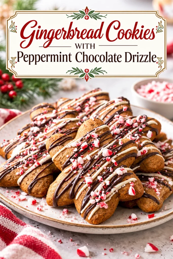 Heart-shaped gingerbread cookies on a platter, decorated with a drizzle of melted chocolate and crushed peppermint candy pieces.