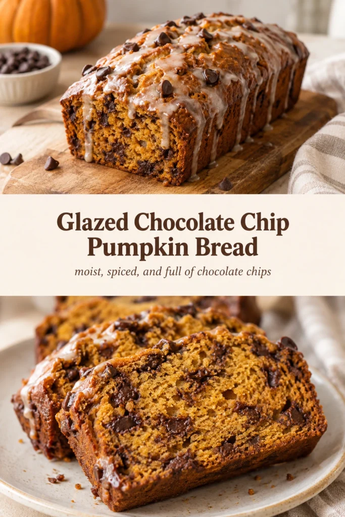 A sliced loaf of chocolate chip pumpkin bread topped with a white sugar glaze on a rustic wooden background.