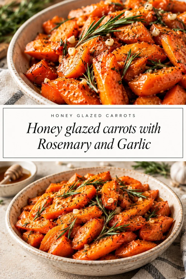 Roasted honey glazed carrots with minced garlic and fresh rosemary sprigs served on a white platter.