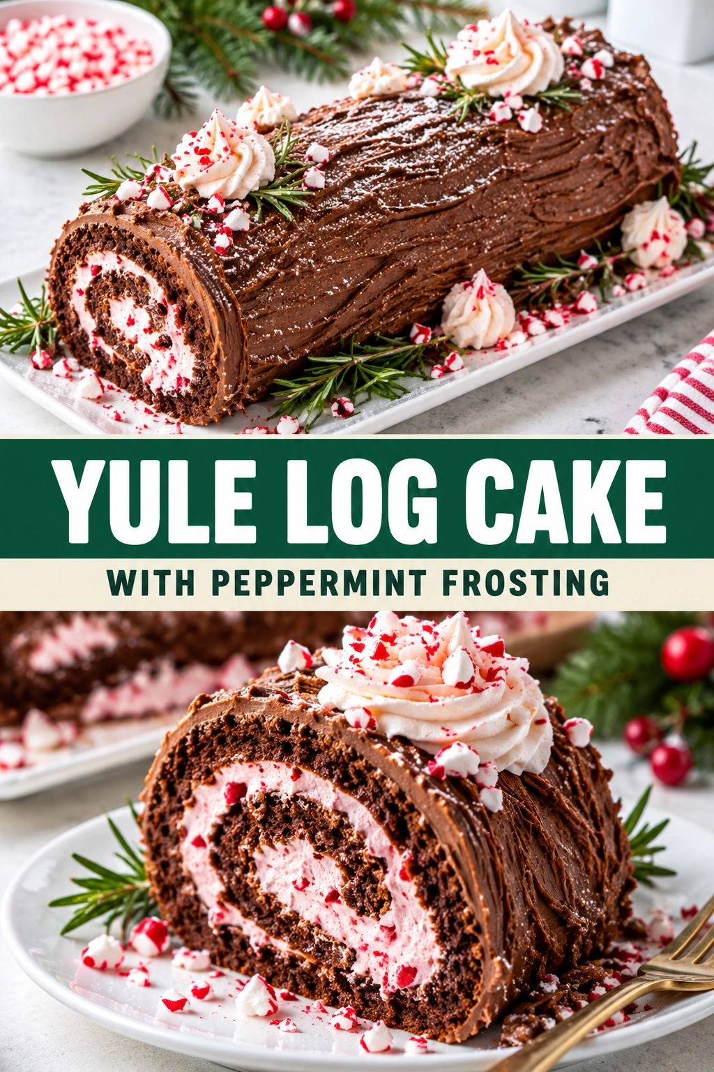 Yule Log Cake with Peppermint Frosting | Festive Christmas Dessert Recipe recipe