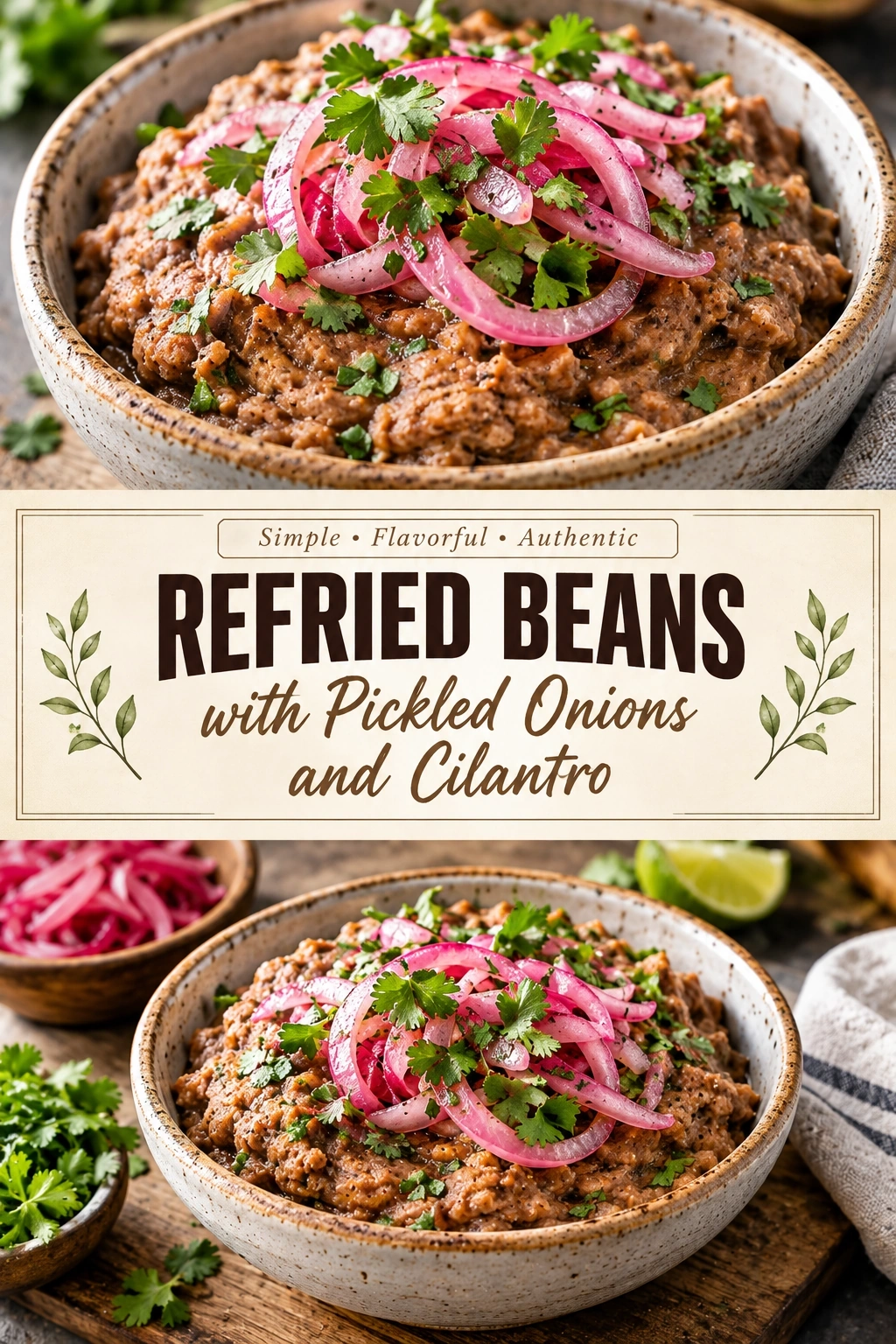 Creamy Refried Beans with Pickled Onions and Cilantro | Easy Mexican Side Dish recipe