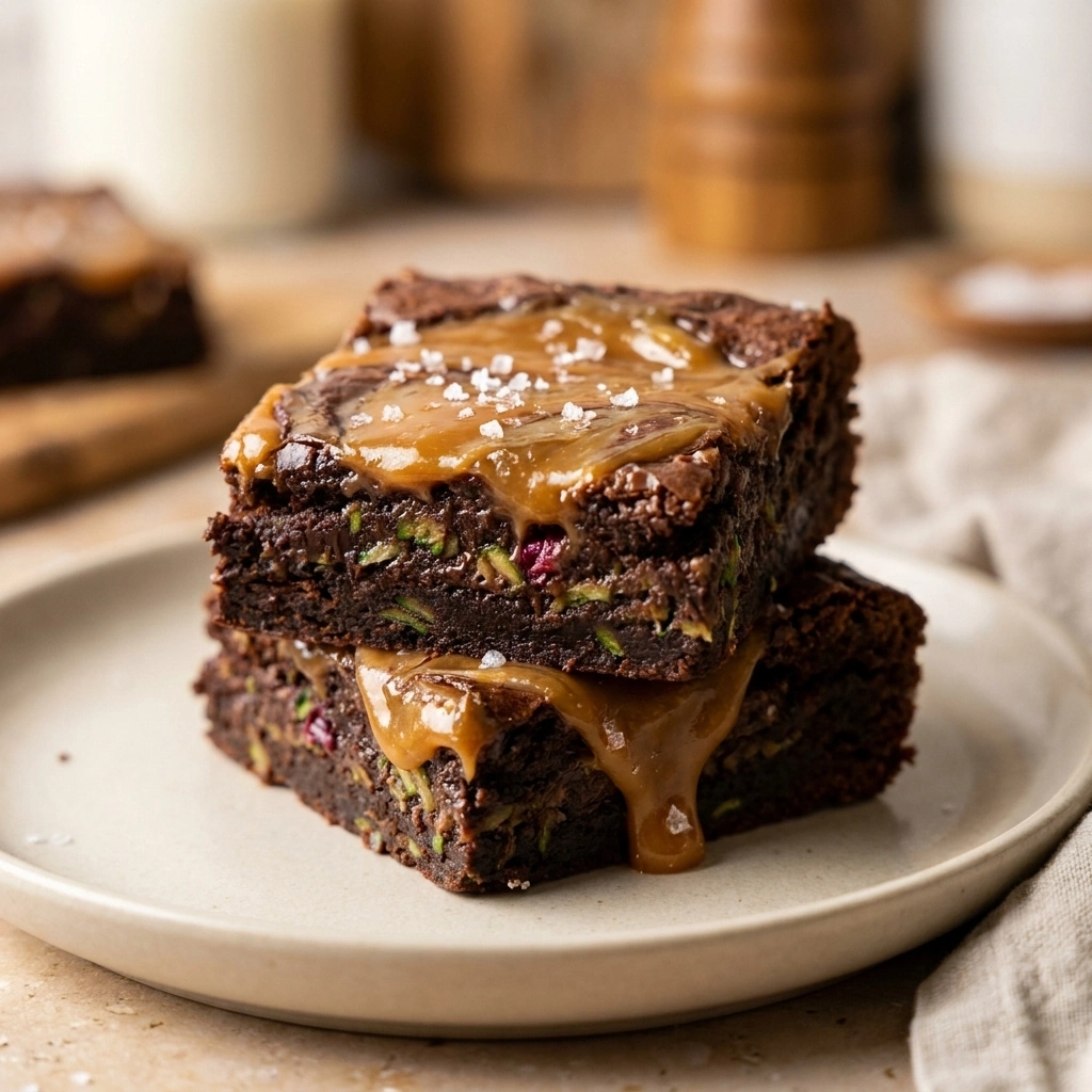 Fudgy Double Chocolate Zucchini Brownies with Sea Salt Caramel Swirl Recipe Easy and Perfect for Dessert | Best Veggie Brownies recipe