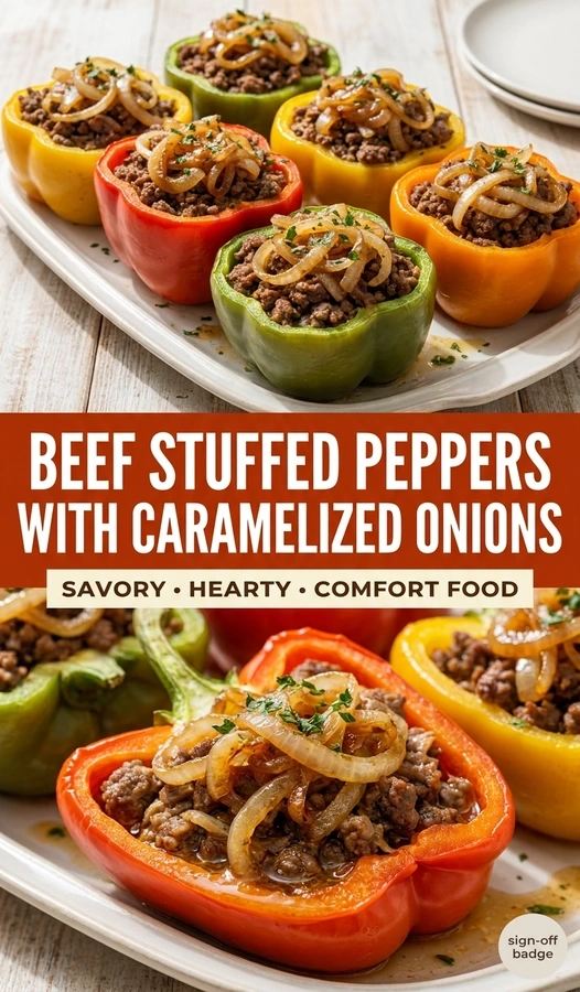 Beef Stuffed Peppers with Caramelized Onions | Easy Healthy Dinner Idea recipe