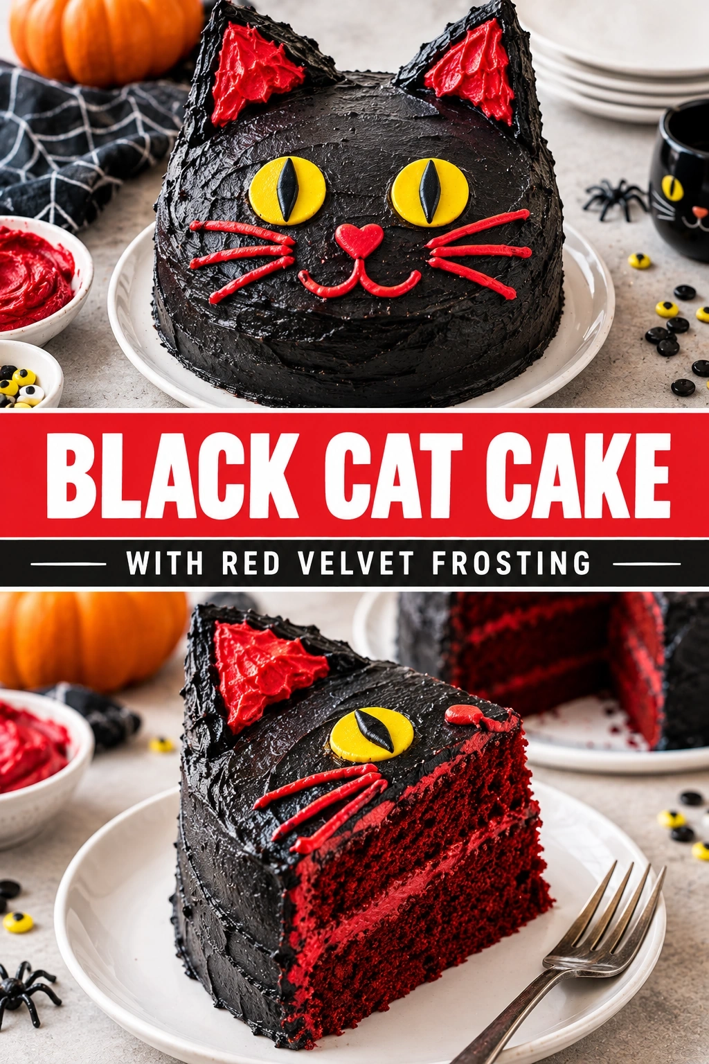 Black Cat Cake with Red Velvet Frosting | Spooky Halloween Dessert Ideas recipe