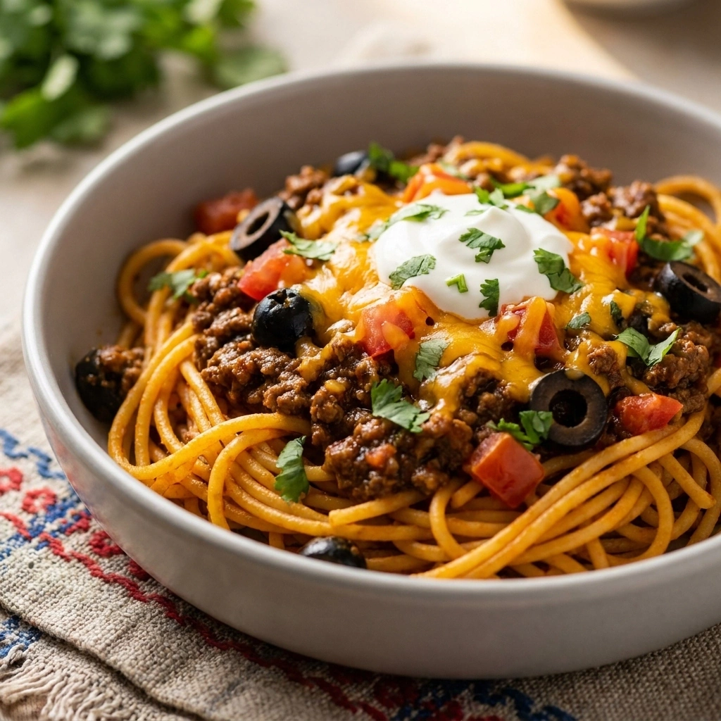 Slow Cooker Taco Spaghetti | Easy Weeknight Mexican Pasta Casserole recipe
