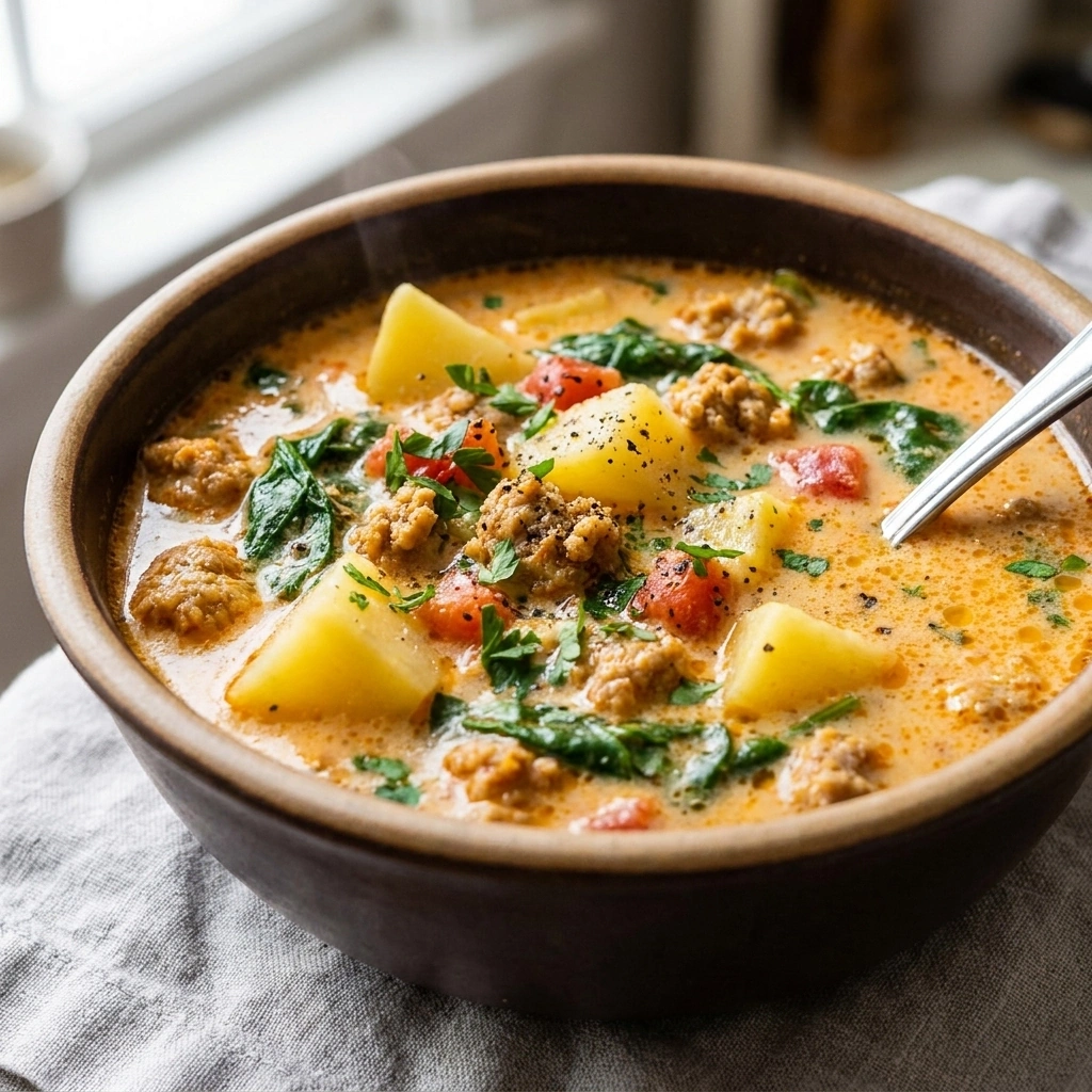 Cozy Italian Sausage Potato Soup with Garlic and Cream | Easy Comfort Food Dinner recipe