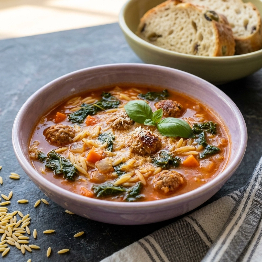 Italian Sausage Soup with Orzo and Kale | Healthy Weeknight Dinner Idea recipe