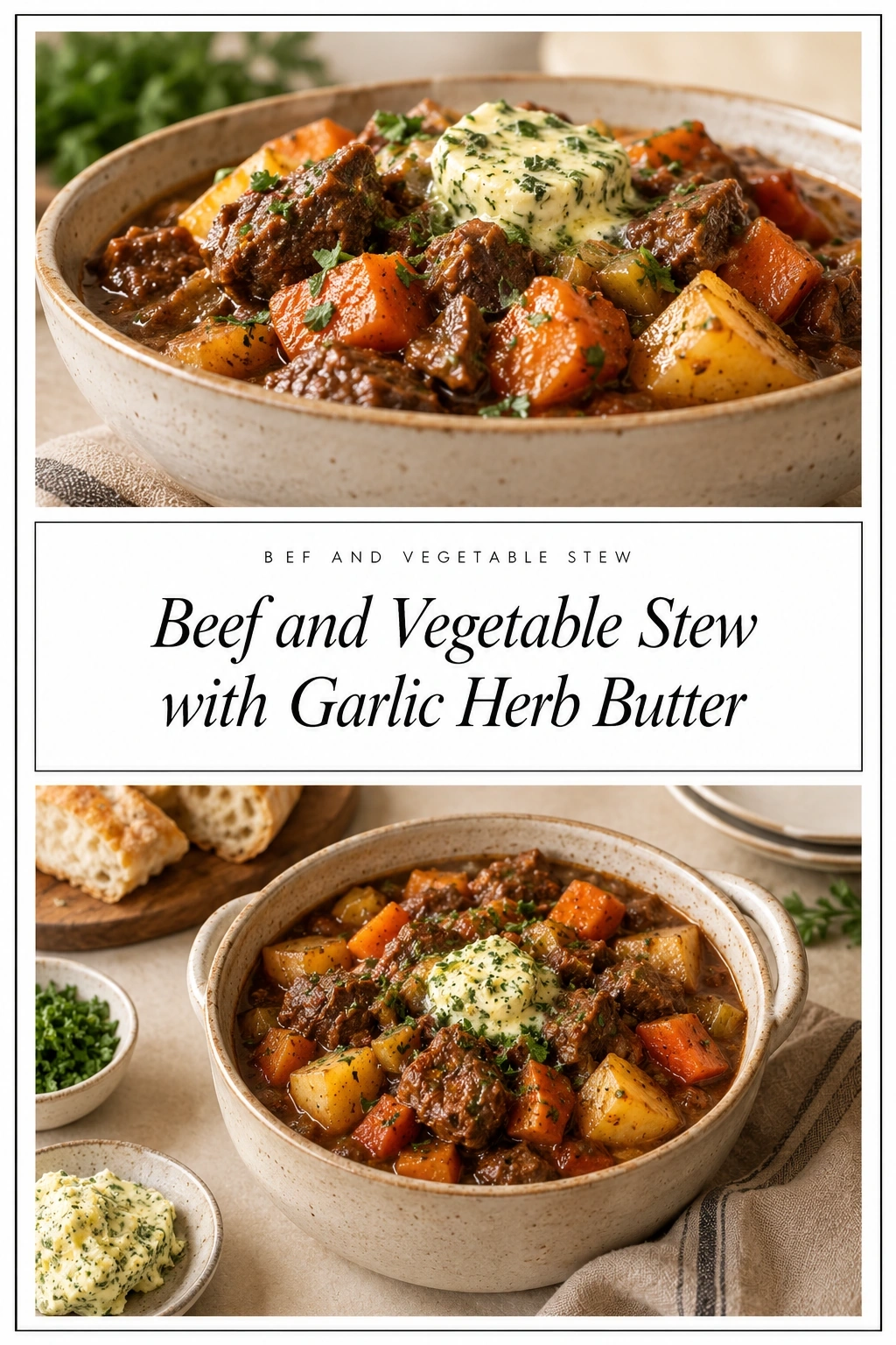 Hearty Beef and Vegetable Stew with Garlic Herb Butter | Comforting Winter Dinner recipe