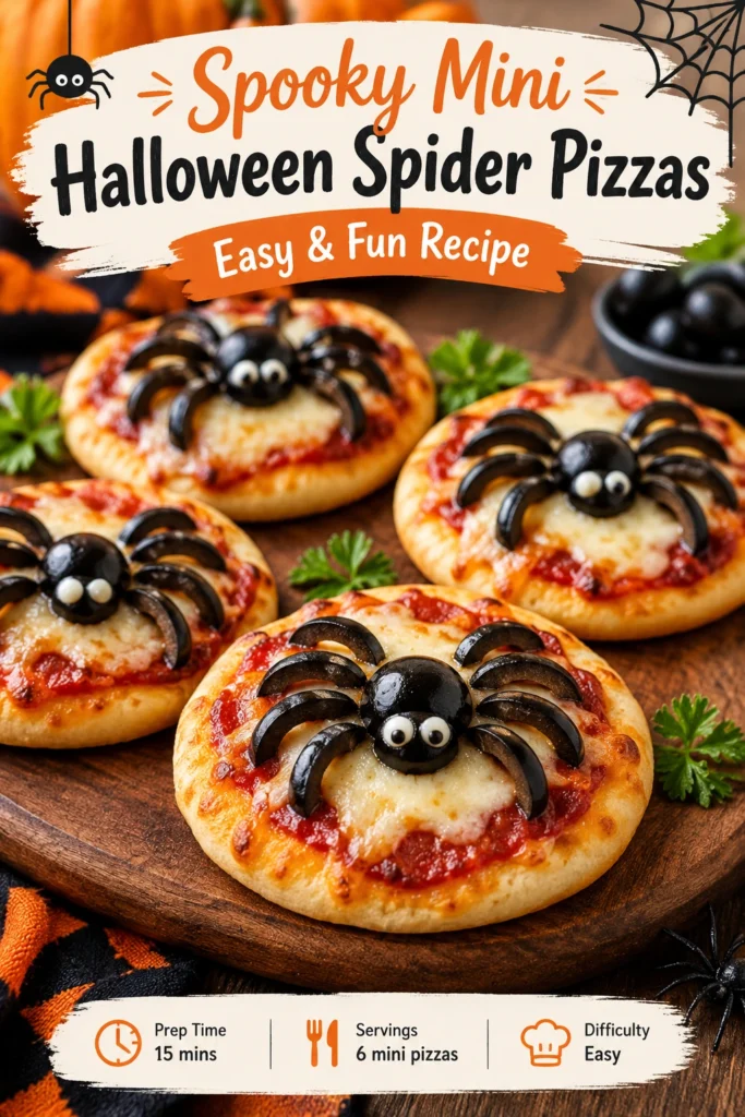 Mini pizzas shaped like spiders with olive slices for eyes and thin pepper strips for legs on a platter.