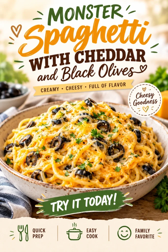 Spaghetti arranged like a monster with cheddar cheese eyes and black olive pupils on a white plate.